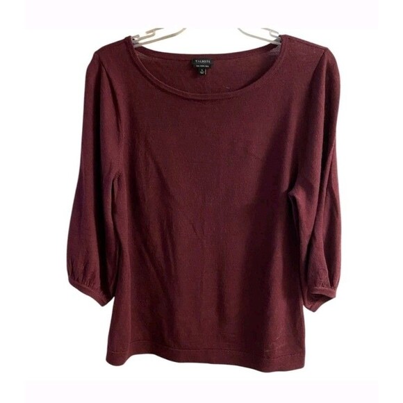 Talbots Sweater Boat neck 3/4 Slit Sleeve Maroon Pure Merino Wool Large - Picture 1 of 7